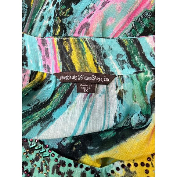 Mushka by Sienna Rose Short Sleeve V Neck Semi Sheer Colorful Sequin Tunic, 1X - Picture 6 of 9